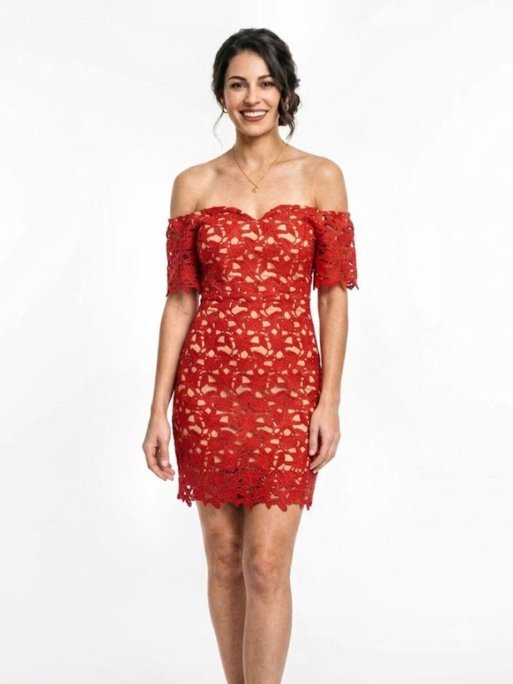 J.O.A. Los Angeles Guipure Lace Off-the-Shoulder Dress, Red, Womens Size Small